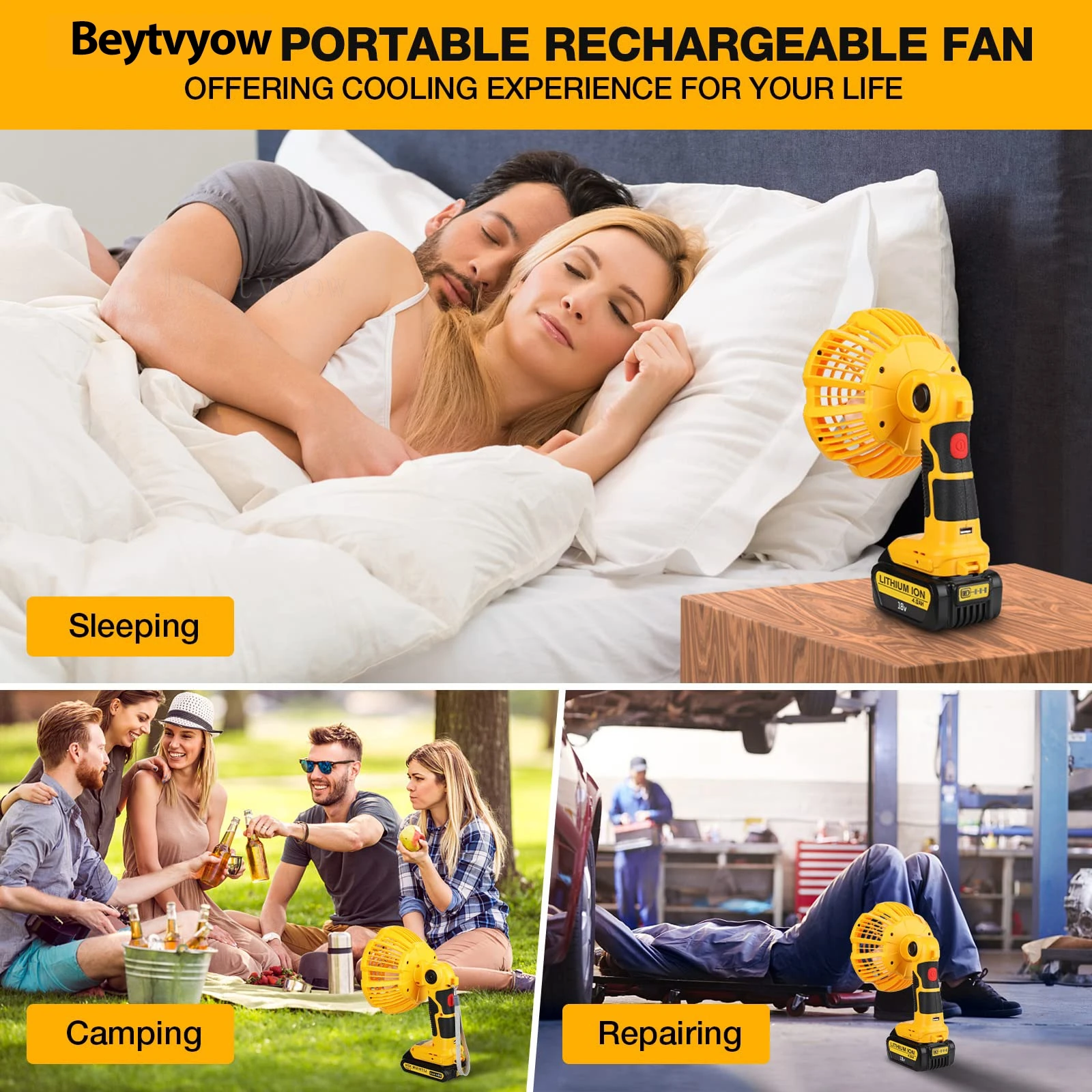 Cordless Fan for Dewalt 20V Battery Portable Camping Fan 3300RPM with LED Light