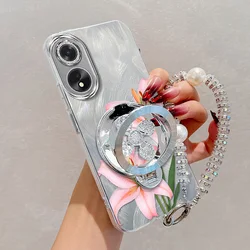 Pink Flowers Phone Case Set with Lanyard and Stand - 3 Piece Set for OPPO A35 (Silver)