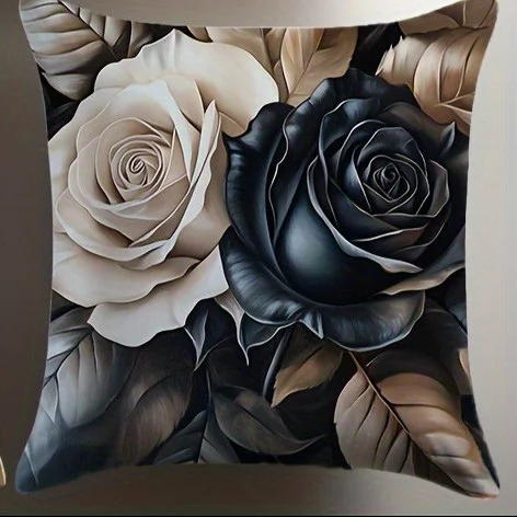Black and white floral polyester pillow cover Design 4