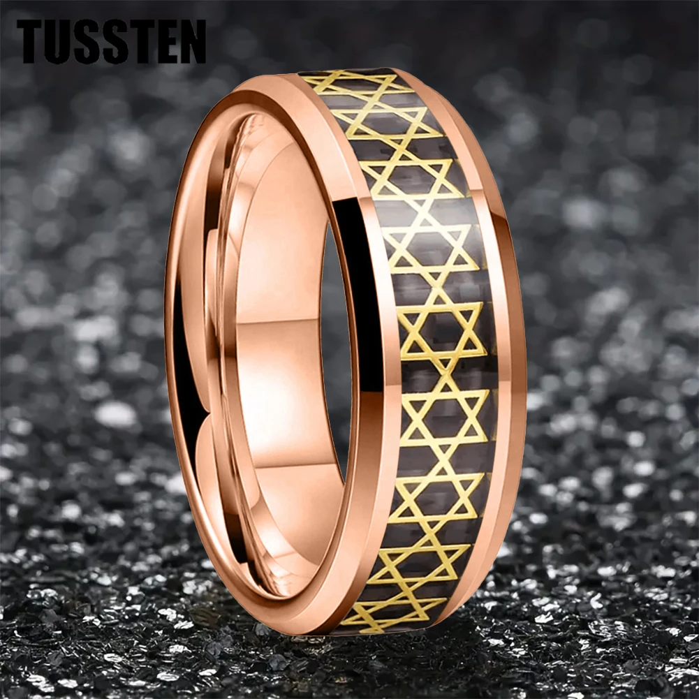 TUSSTEN 8mm Men's Ring Inlaid Golden Hexagram Star Men's Tungsten Ring Comfortable Fit And Free Shipping