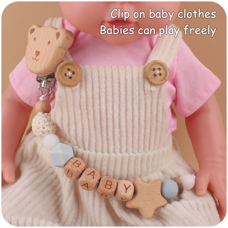 New Baby Carve Name Cartoon Bear Silicone Wooden Ring Pacifier Clip Crown Teething Chain Teether Clips For Children Gifts