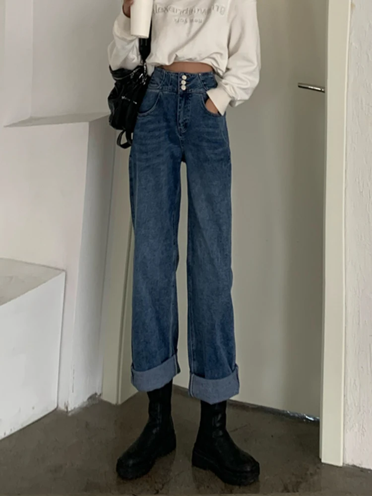 Women Jeans Button High Waist Wide Leg Trousers Female Vintage Blue Oversized Pockets Pants
