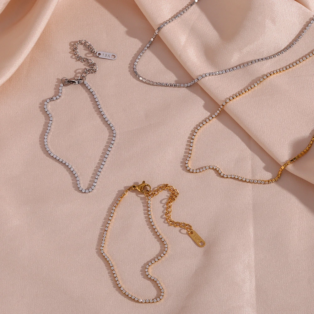 Classic Gold Silver Tennis Zircon Necklaces Bracelets 18K Gold Plated Stainless Steel Waterproof Shin Jewelry Set for Women