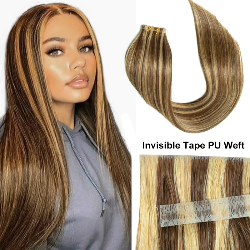 #P4-27 Long Flat Weft Invisible Tape Human Hair Bundels Natural Seamless & No-Glue Tape in Extensions ThicK Ends 12inch- 22inch