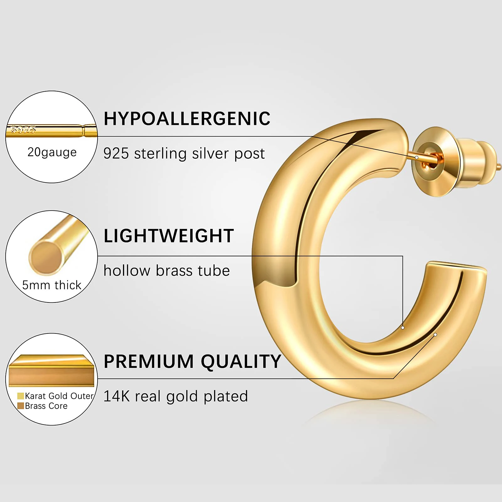 Shevalu Hoop Earrings for Women Cute 14K Real Gold Plated Copper Hoop With 925 Sterling Silver Post New Modern Jewelry For Women 3