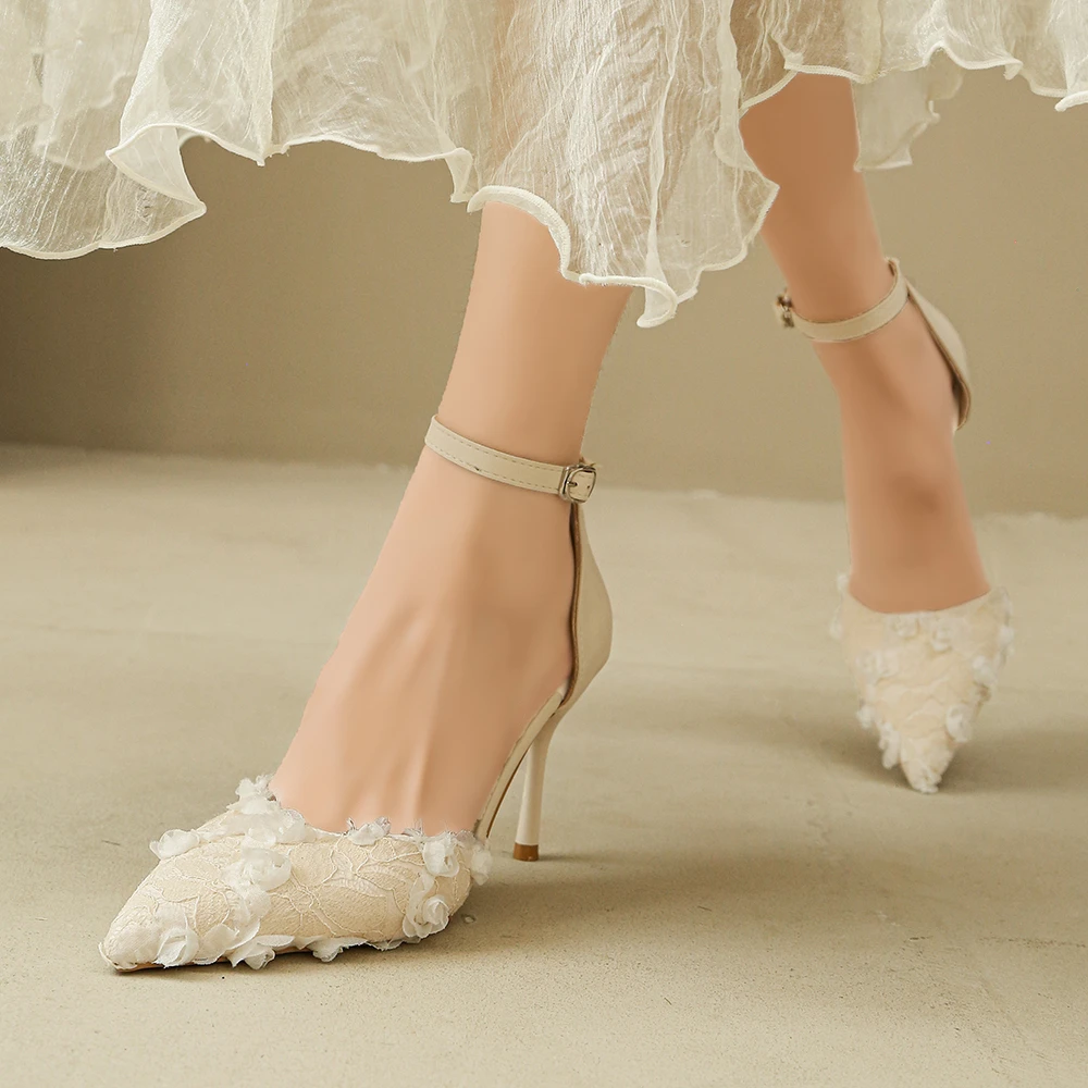2026 Modische Rosa Spitzen-Blumen-Knöchelriemen-Absatzschuhe für Damen, Spitze Stiletto-Pumps in Übergrößen, Partyschuhe – Detail 18