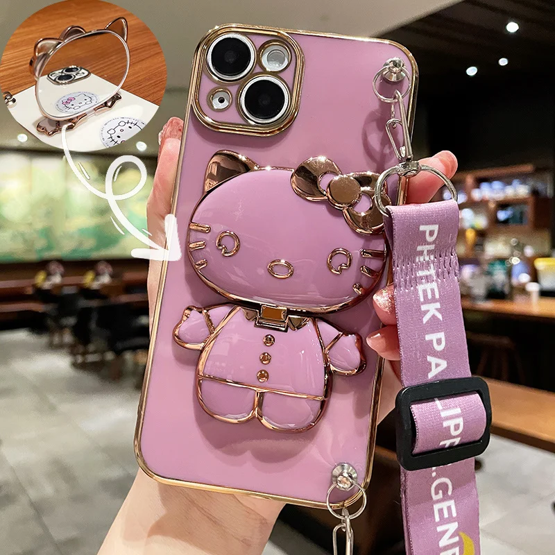 thumbnail image 1 of Funda de teléfono chapada con correa para iPhone, carcasa con soporte de Hello Kitty para iPhone 15, 14, 13, 12, 11 Pro Max, Mini, XR, XS, X, 8, 7, 6S Plus, SE 2020, 1 of 5
