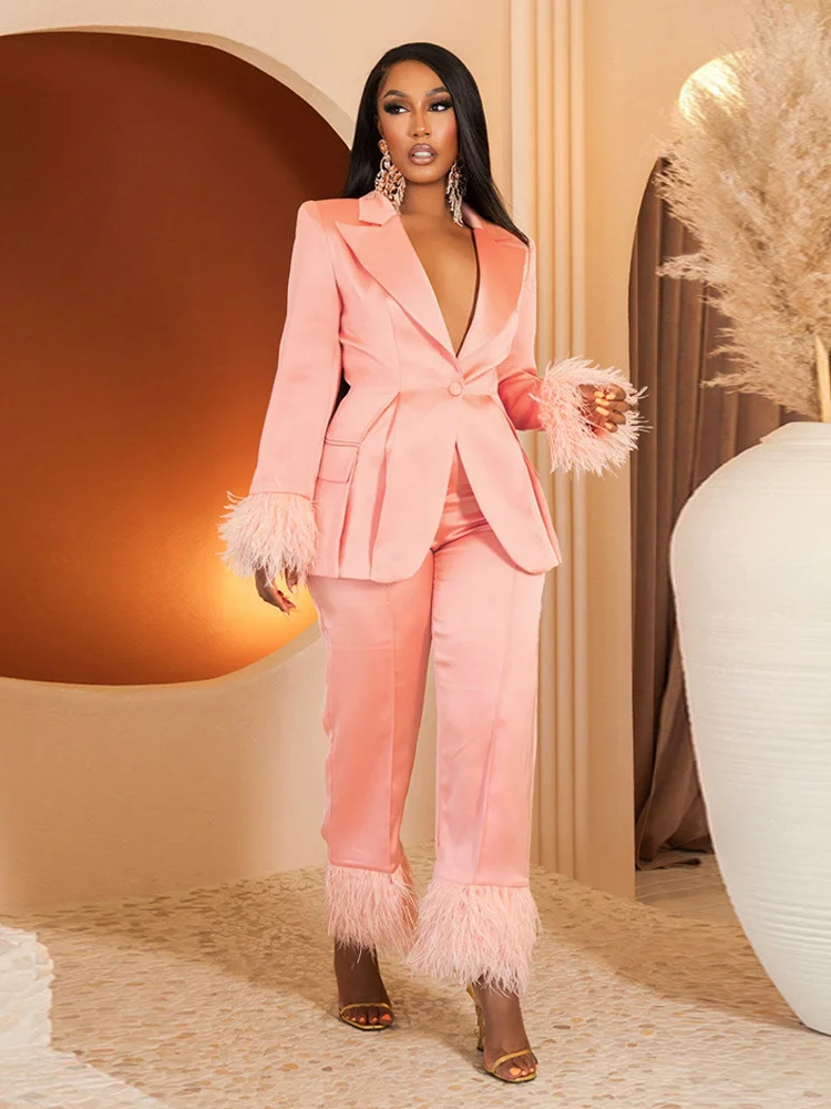 Wmstar Two Piece Set Women Turn Down Collar Feathers Patchwork Top and Pants Suit Matching Fall Clothes Wholesale Dropshpping