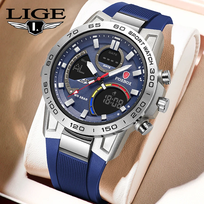 LIGE Top Brand  Military Watch Sports Watches For Man 50Bar Waterproof  Digital Dual Display Wristwatches Men 2024 Relogios