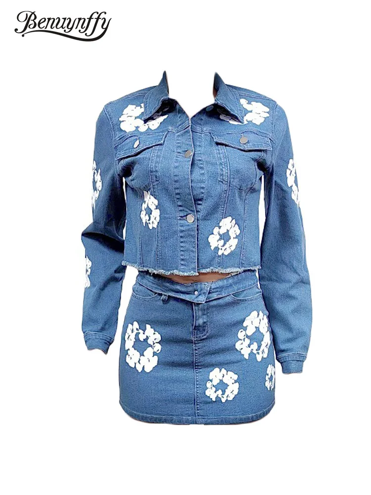 

Benuynffy Fashion Print Denim Skirt Set For Women Streetwear Long Sleeve Frayed Crop Denim Jacket with Sheath Mini Skirts Sets