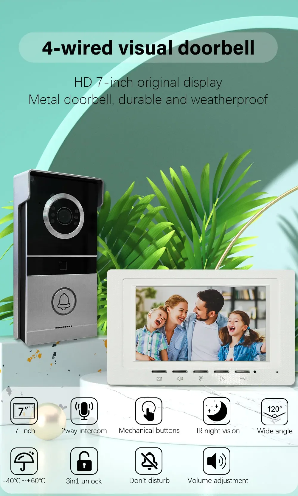 ANJIELO 7 Inch Metal Doorbell Video Intercom System for Home RFID Card Unlock V