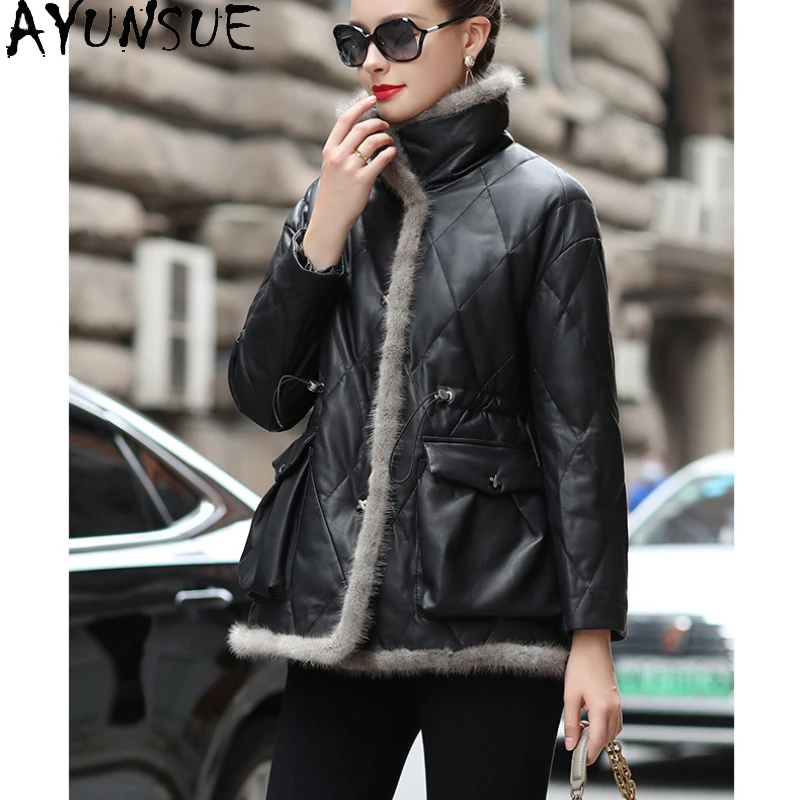 

AYUNSUE Genuine Leather Down Jacket Women 90% White Duck Down Coat Mink Fur Collar Casual Real Sheepskin Coat Roupas Femininas