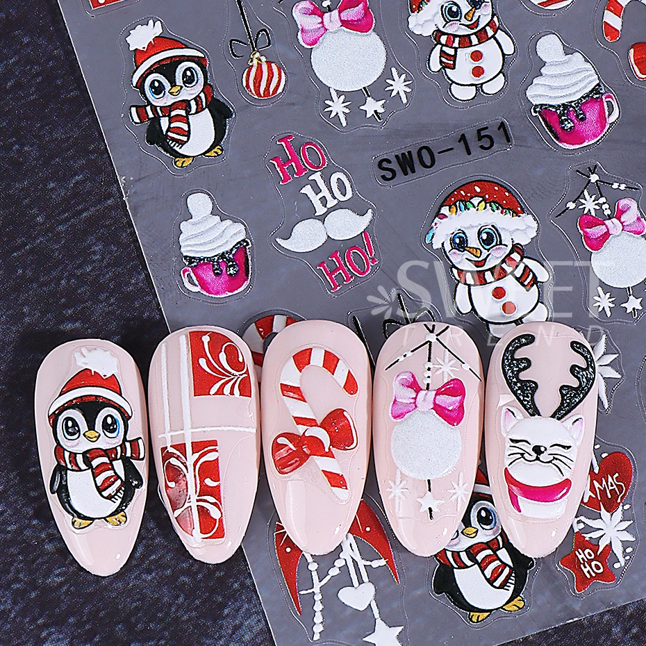 2pcs Embossed Christmas Nail Stickers 3D Cute Penguin Elk Snowflake Holly Nail Decals New Year Manicure Decoration Nail Supplies