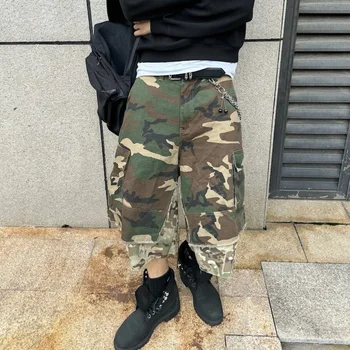 Shorts in Denim Stile Vintage Americano, Effetto Consumato, Finto Due Pezzi, Mimetico, Gamba Larga, Crop, Hip Hop, Cargo