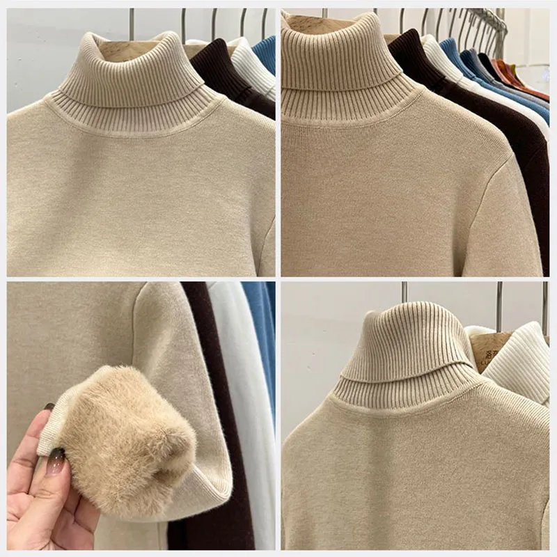 Thicken Velvet Turtleneck Sweater Women Korean Fashion Lined Warm Sueter Knitted Pullover Slim Top Winter Jersey Knitwear Jumper images - 6