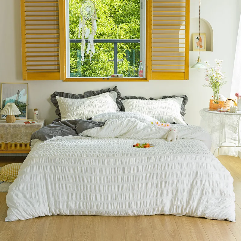 Korean Style Seersucker Washed Cotton Bedding Set Lace Solid Color Duvet Cover Queen King 220x240 Simple Bed Linens Sheet White |