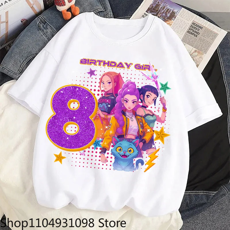 New K Pop Demon Huntersd T-shirt for Children Cartoon Birthday Number Printed T Shirts Girls Short Sleeves Tops Kids Clothing, view 5