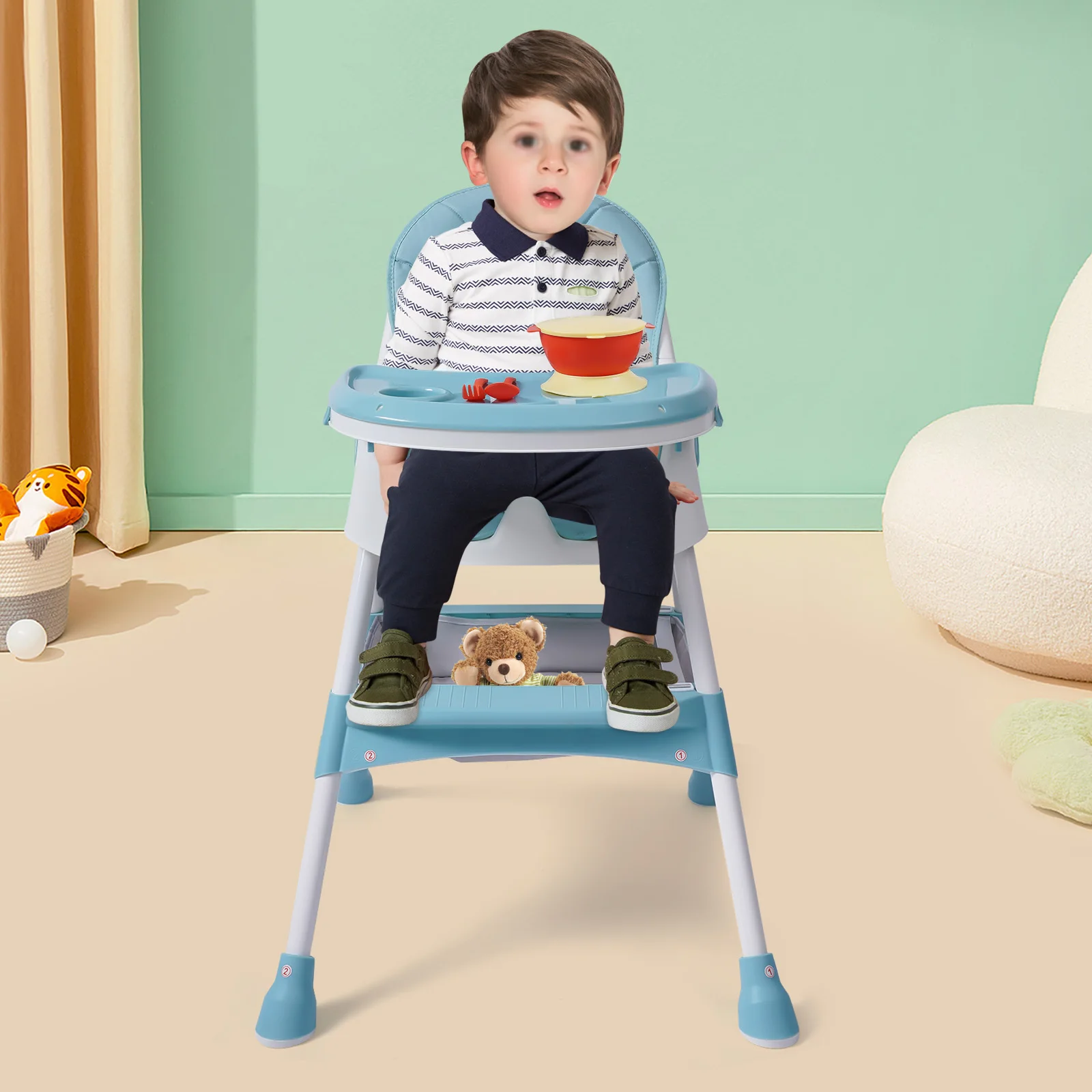 Grüner 2-in-1-Kinderstuhl mit 5-fachem Tablett und Fußstütze, Tragfähigkeit 176 Pfund, sicher und faltbar, für 6 Monate bis 6 Jahre – Detail 6