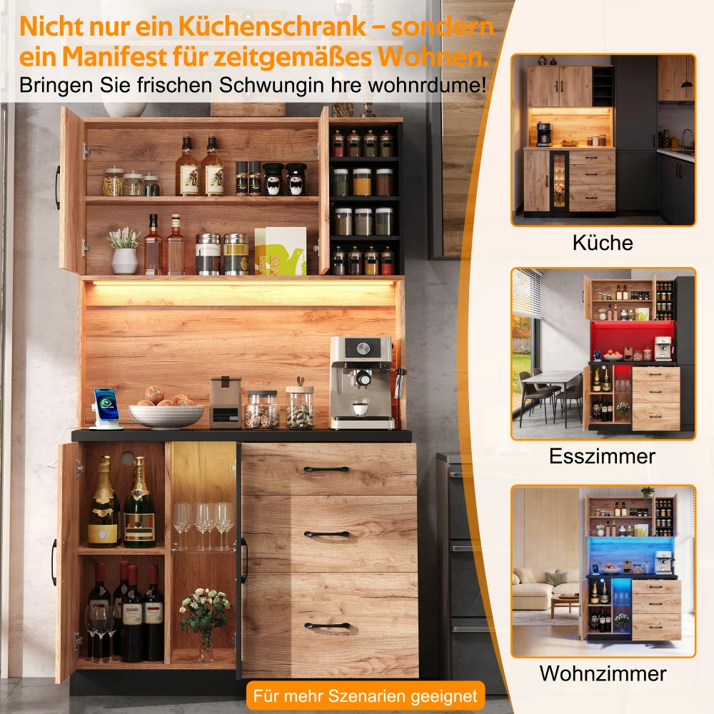 Stilvoller Küchenschrank, Schwarze Arbeitsplatte, Sideboard mit Verstellbarer LED-Beleuchtung und Steckdose, für Küchen, Esszimmer, Wohnzimmer – Detail 39