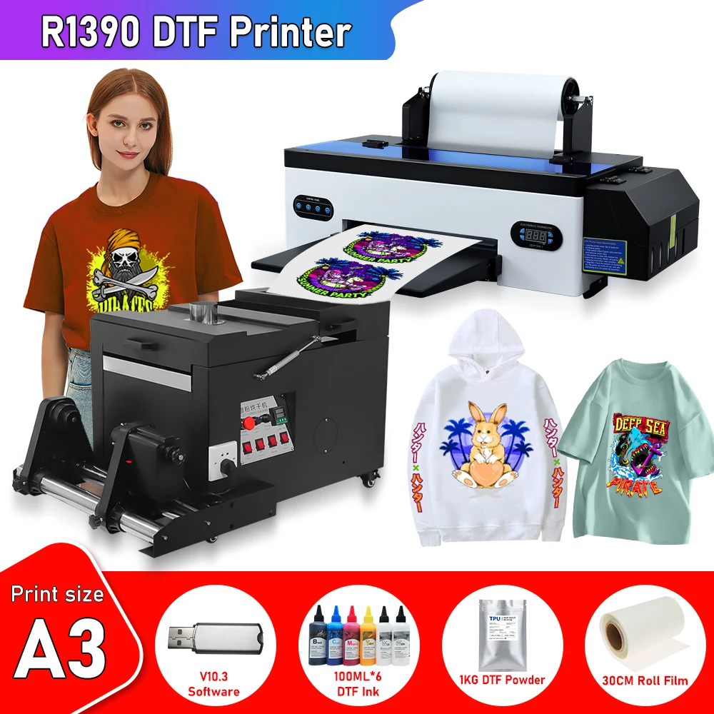 

DTF Transfer Printer A3 R1390 DTF Printer T Shirt Printing Machine With Curing Oven Shaker for Clothes Hoodies Jeans all fabric