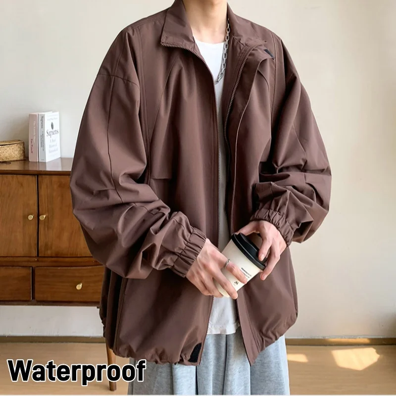 Stand Collar Work Jacket Men's Waterproof Pleated Design Casual Outdoor Cycling Clothing Windproof Soft