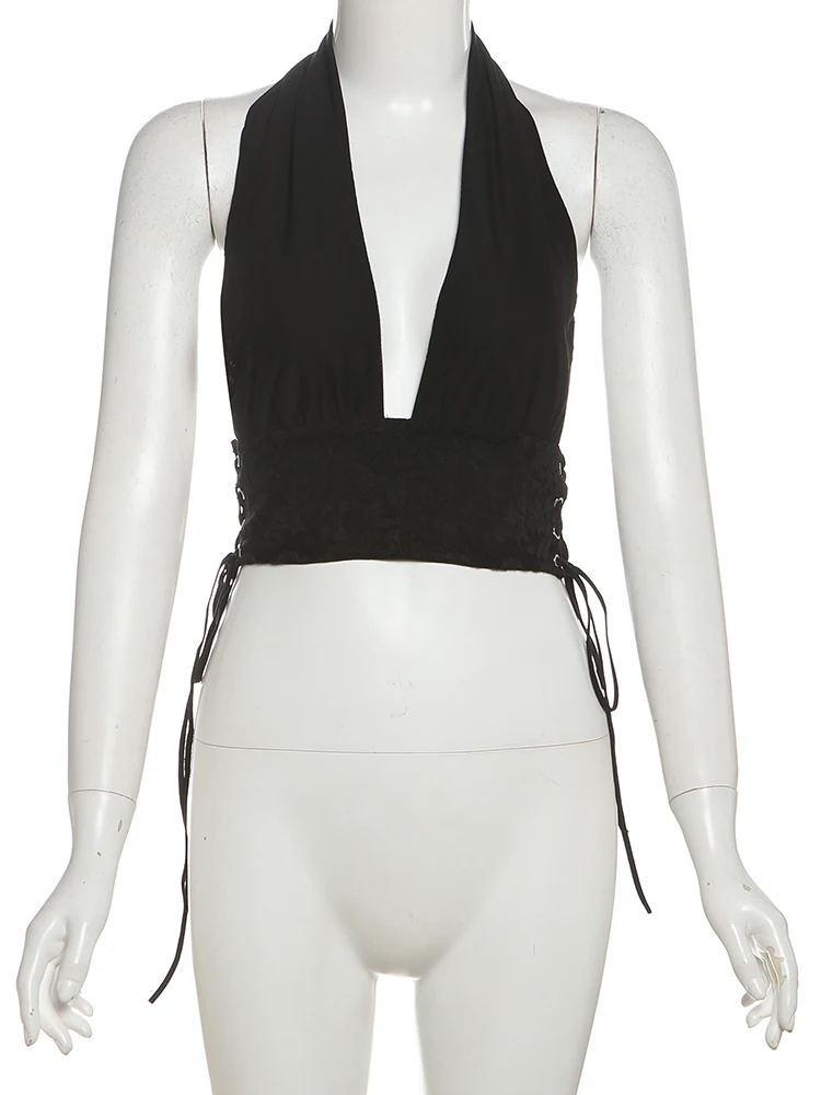 Nibber Sexy 2-Piece Set Women Patchwork Lace v-Neck Sleeveless Backless Folds Lace-Up Mini Tops+Wave Edge Skirt Matching Suits