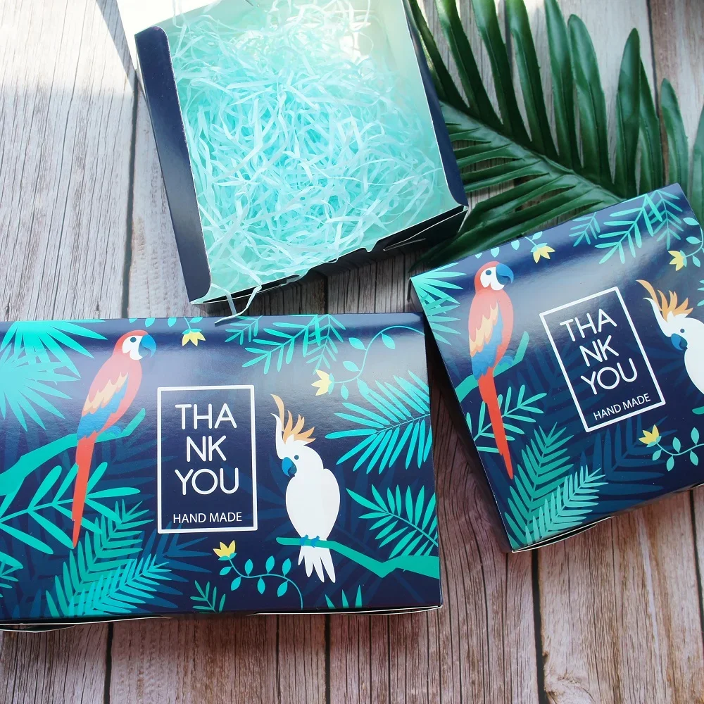 

2 size deep blue Tropical jungle Parrot design 10pcs Macaron Chocolate Paper Box wedding favor Birthday Party Gifts Packaging