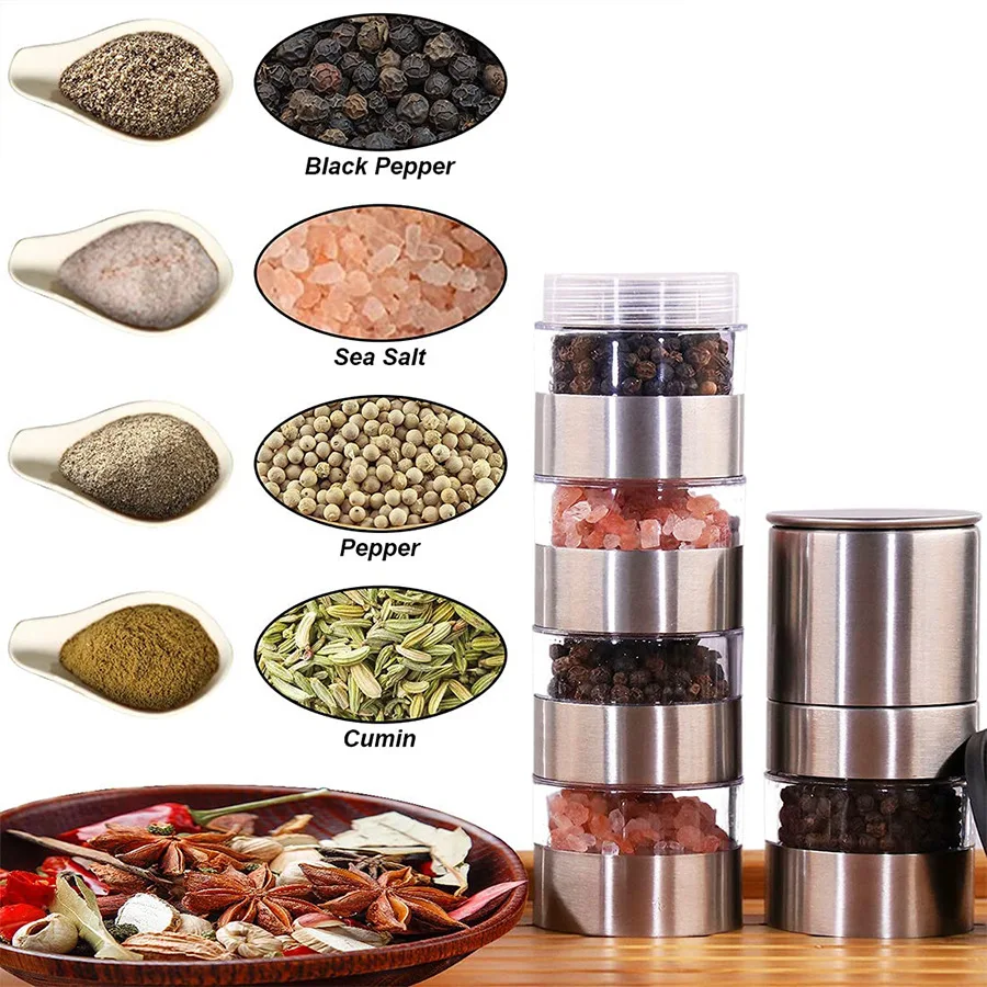 1pc 5in1 Pepper Grinder Salt And Pepper Ginder Stainless Steel Spice Grinder Multi-layer Manual Mill Spice Crusher