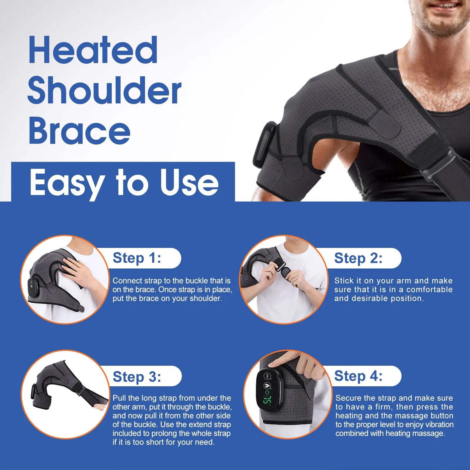 Heated shoulder brace for injury recovery and muscle stress relief, easy to use.