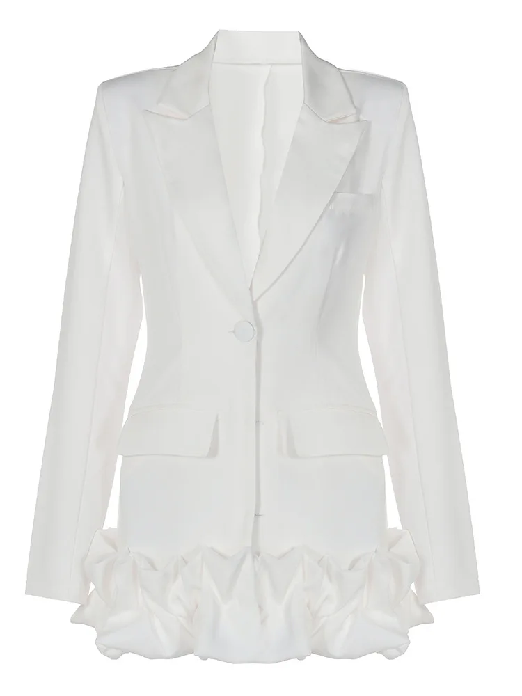 White Long Sleeve Pocket Buttons Shoulder Pads Ruffles Oversized Blazer Coat 2023 Fall Winter Fashion Streetwear Party