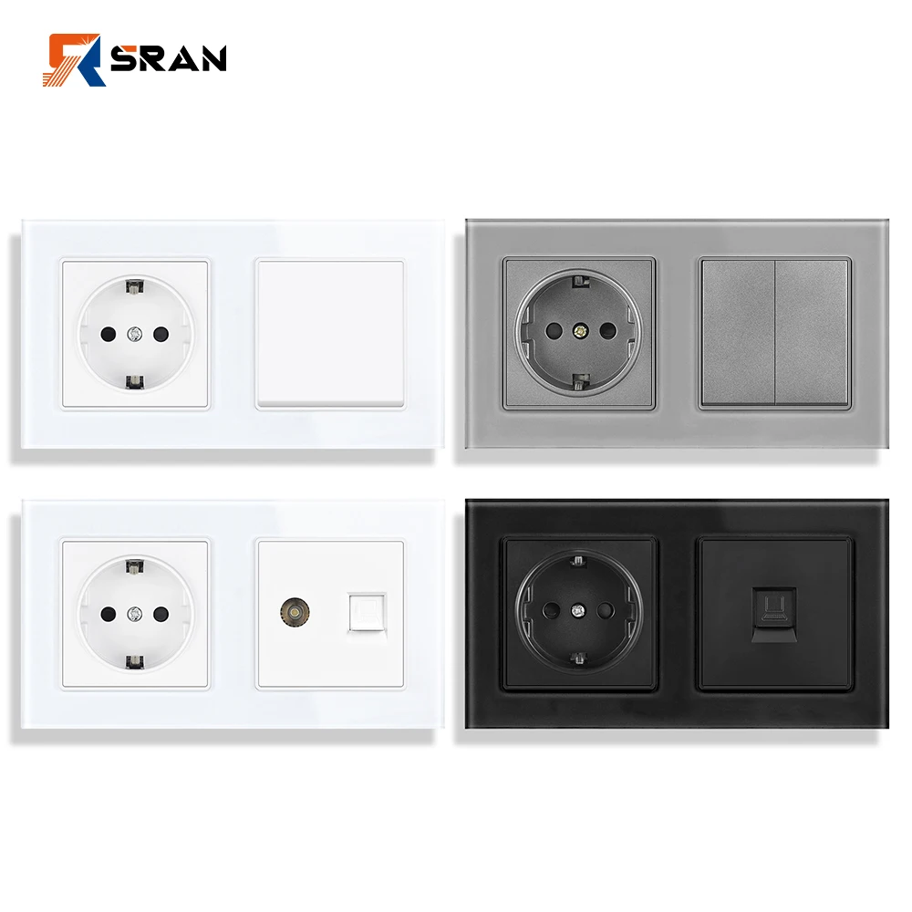 SRAN EU ปลั๊กไฟ 16A พร้อมสวิตช์หรือทีวี Rj45 สําหรับแผงกระจกบ้านเต้ารับติดผนังในตัว 1