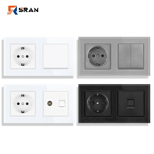 SRAN EU ปลั๊กไฟ 16A พร้อมสวิตช์หรือทีวี Rj45 สําหรับแผงกระจกบ้านเต้ารับติดผนังในตัว 1