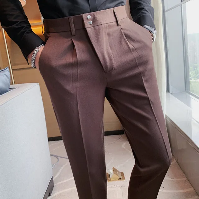 Pantalon à boucle pour hommes, décontracté, à la mode, taille haute, droit,  d'affaires, polyvalent, Slim | AliExpress