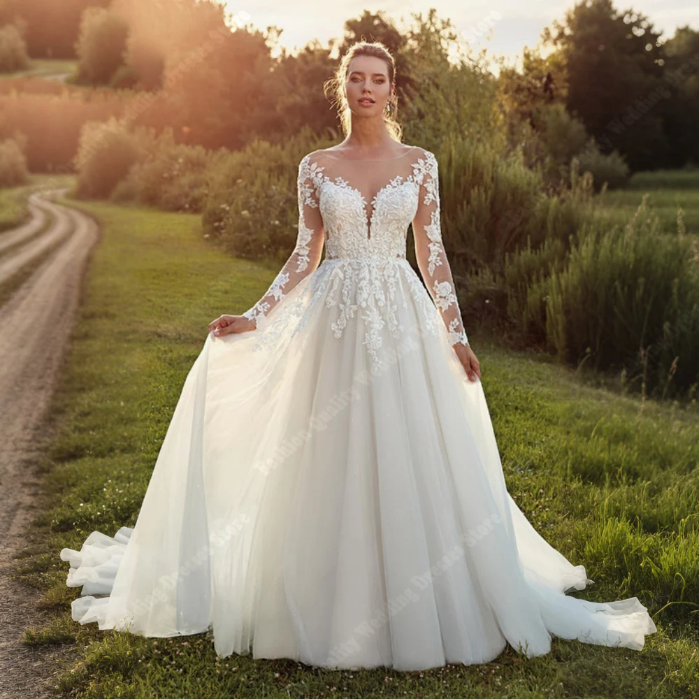 Elegant Shining Tulle Women Wedding Dresses Sexy V- Neck Backless Long Sleeves Mopping Length Party Vestidos De Novia Customized 4