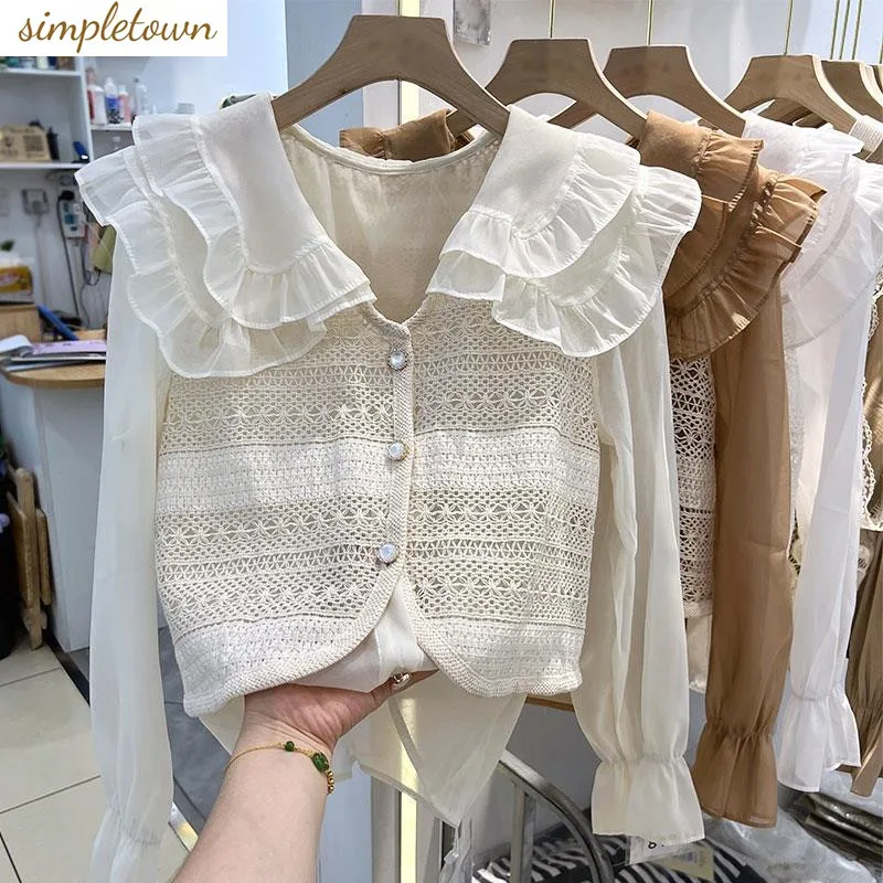 Korean Sweetheart Doll Neck Mesh Long Sleeved Shirt Women's Early Autumn New Small Fragrance Style Spliced Fake Two Piece Top 10pcs cheese honeycomb flat back resin simulation fake food for scrapbooking diy cake decor doll house decor accessories toys