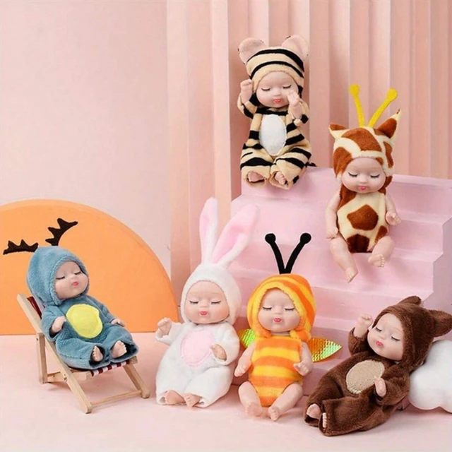 1/6 Pcs 4 Inch Mini Reborn Baby Dolls Toy Set Realistic Baby Doll with Cute Animal Clothes Gifts for Birthday Christmas Exquisit 6