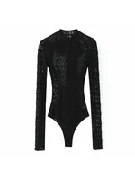 Women 2025 Autumn New Lace Bodysuit Women's Bodysuit Black Cutwork O-Neck Long Sleeves Bodysuits+Splicing Mini Skirt Suit - Image 3