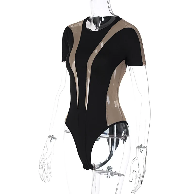 BKLD Clothes For Women 2023 Summer New Fashion Mesh Patchwork Hollow O-Neck Short Sleeve Black Bodysuit Tops Nightclub Outfits