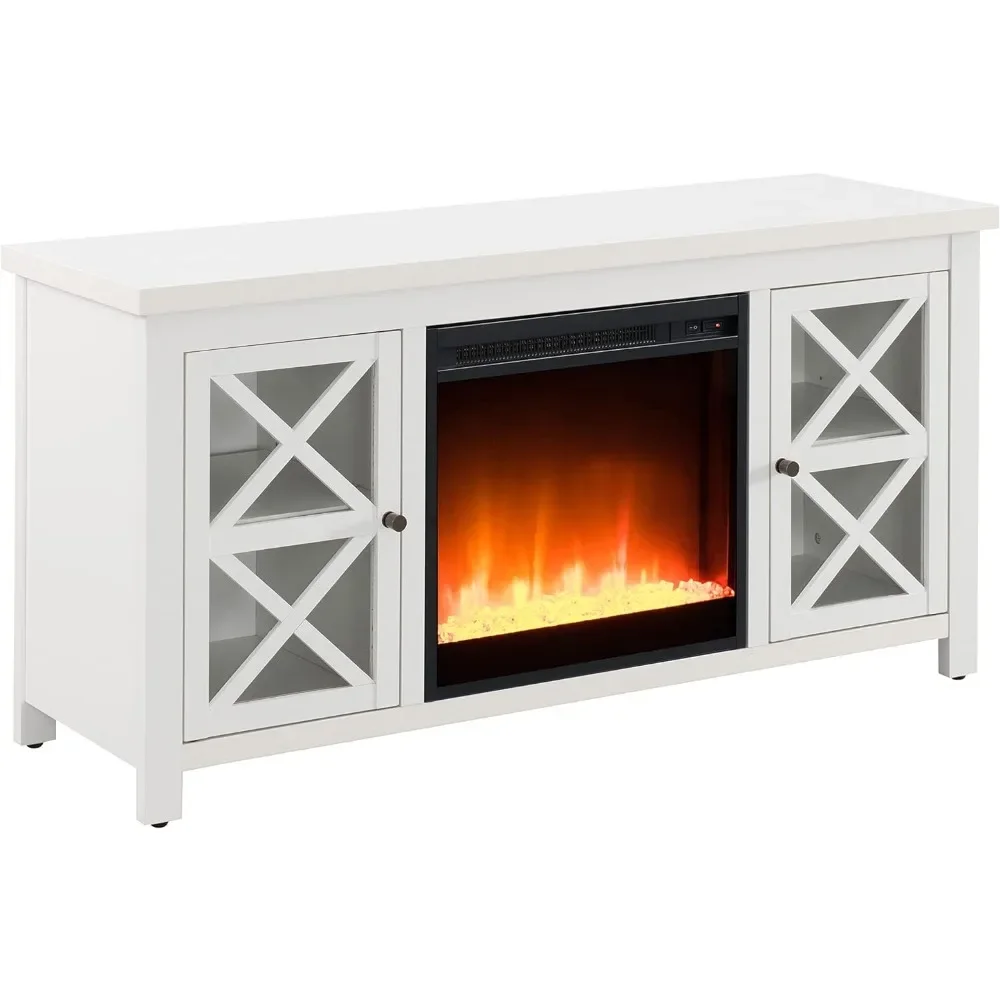 Rectangular TV Stand with Crystal Fireplace for TV's up to 55" in White, Electric Fireplace TV Stands for the Living Room