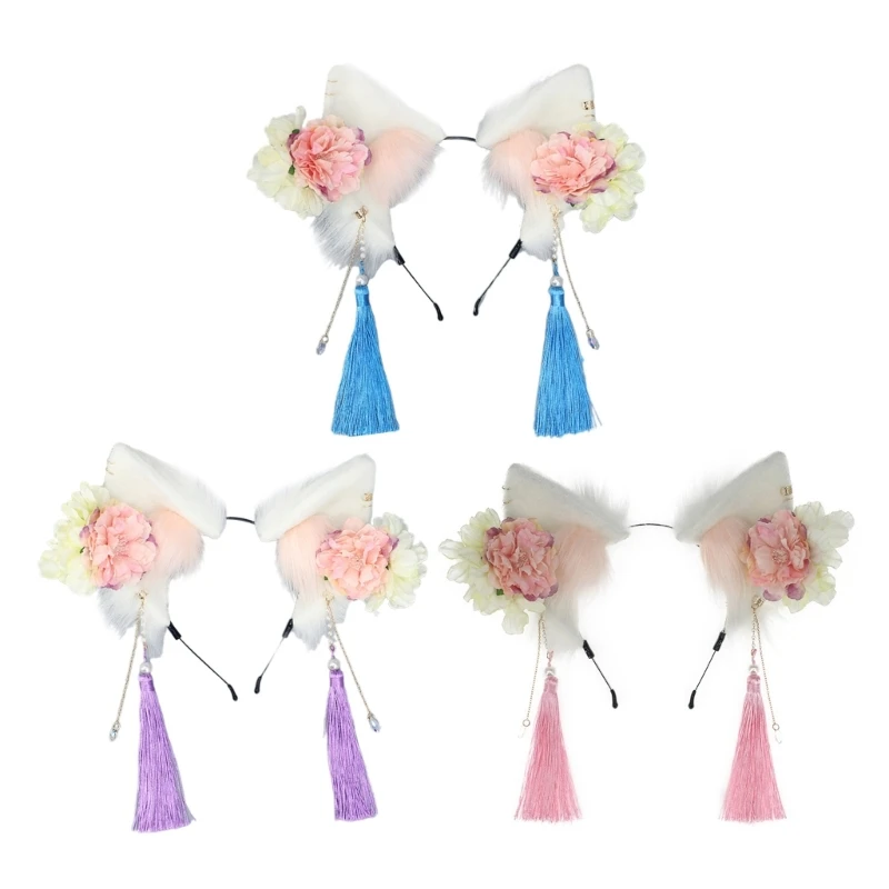 

Cute Fox Ears Cosplay Hair Hoop with Flower Tassel Woman Teens Headband for Live Broadcast Cartoon Carnivals Hairband
