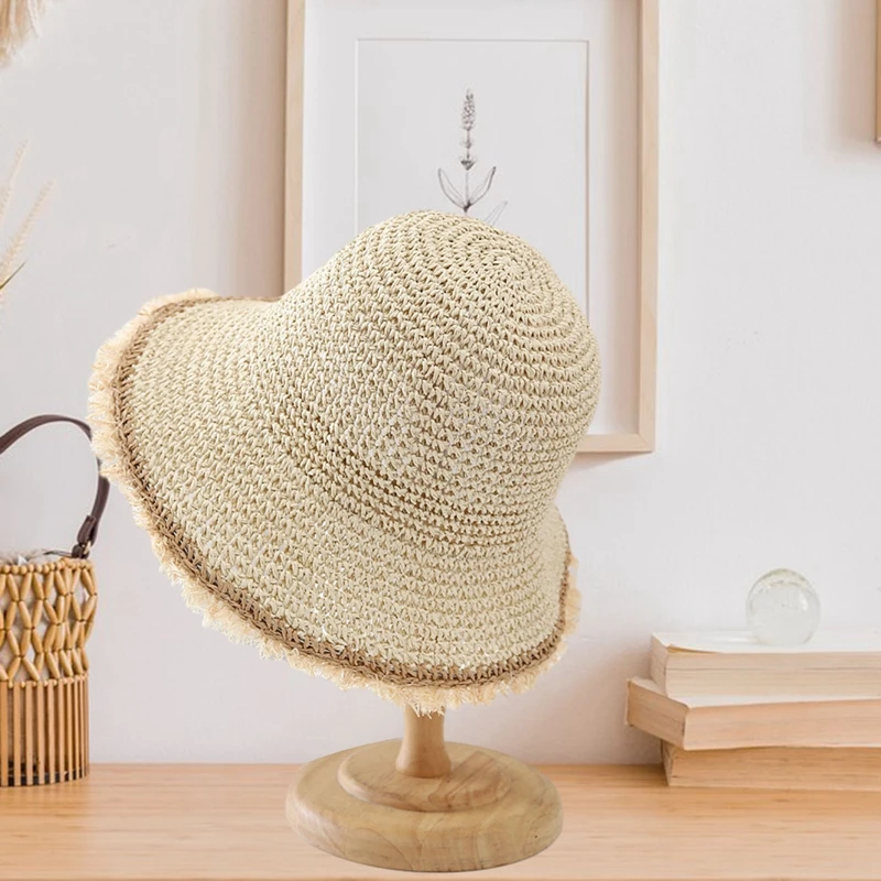 

Grass Made Wide Brimmed Fur Edge Sun Hat Breathable Foldable Sun Protection Fisherman'S Hat Vacation Beach Outdoor Travel Hat