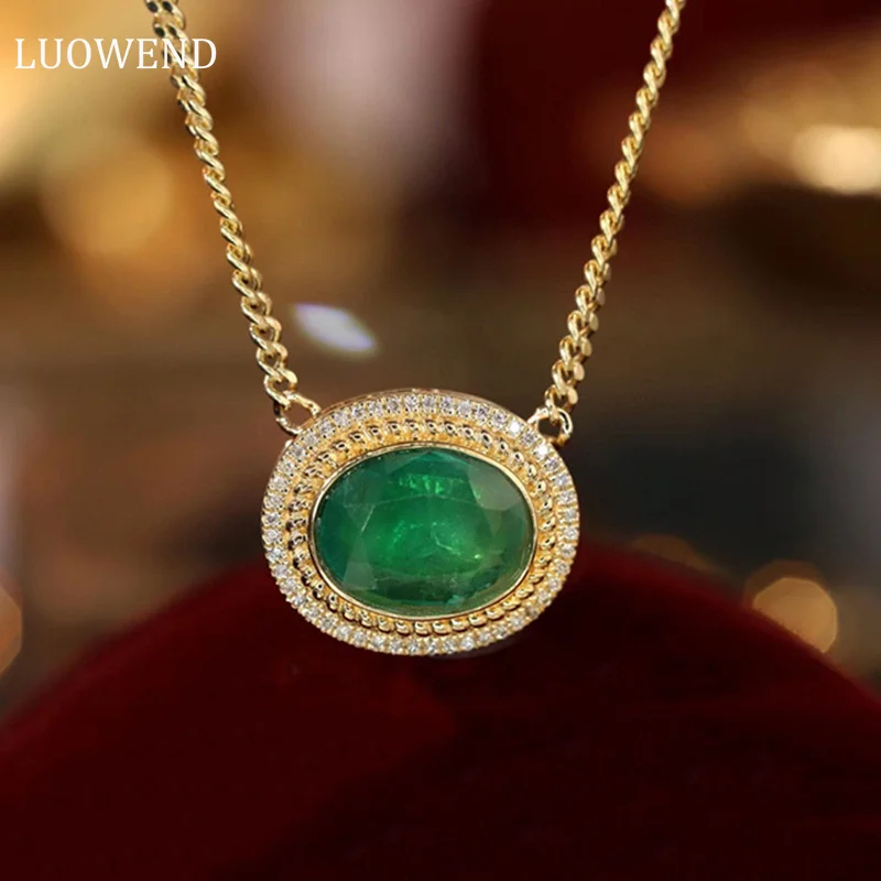 

LUOWEND 18K Yellow Gold Necklace Luxury Style Natural Emerald Real Diamond Gemstone Necklace for Women High Party Jewelry