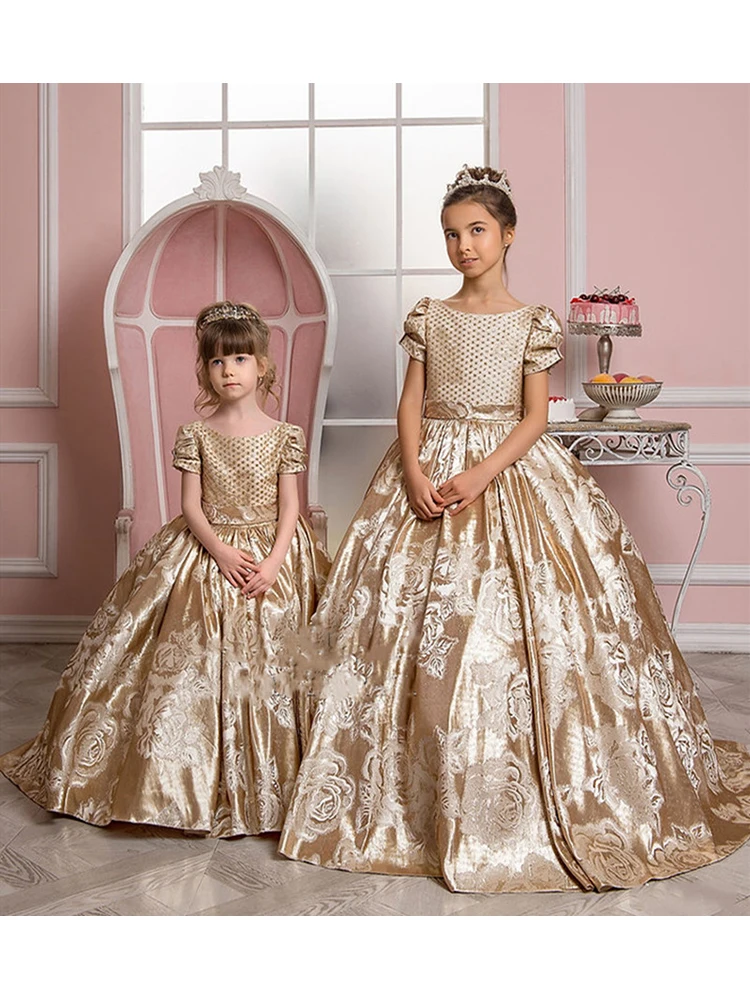 GoldenFlowerGirlDressForWeddingShortSleeveFloorLengthWithBow