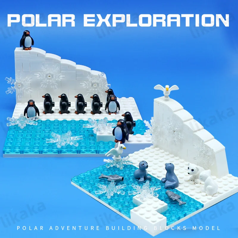 Moc Building Blocks Penguin Glacier Toys For Girls Boys Polar Bear Bricks Toys Icy Snow World Montessori Kids Toys Regalo Fai Da Te