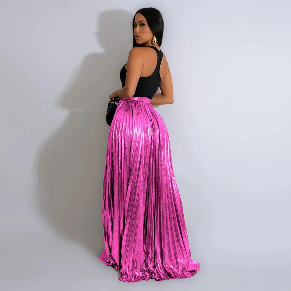 CM.YAYA Women Fashion 2024 Spring High Side Split Big Swing Pleated Floor Length Skirt High Waist Street Party Long Maxi Skirts