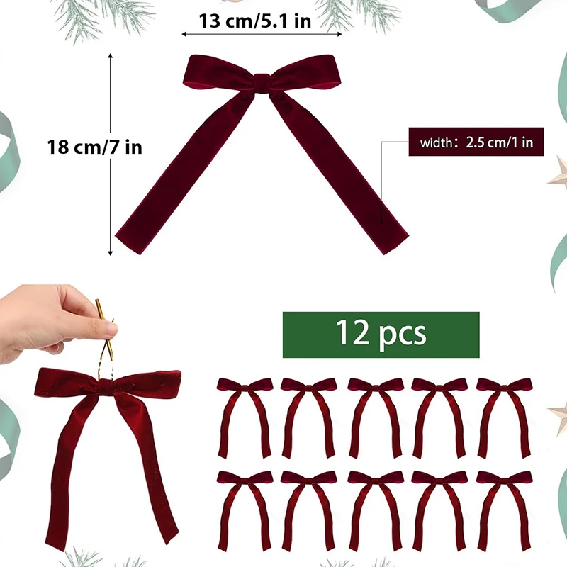 12pcs Red Velvet Bows for Christmas Tree Decorations Velvet Ribbon Bow Wreath Gift Ties Gold Twist Ties Gift Wrapping christmas decorations