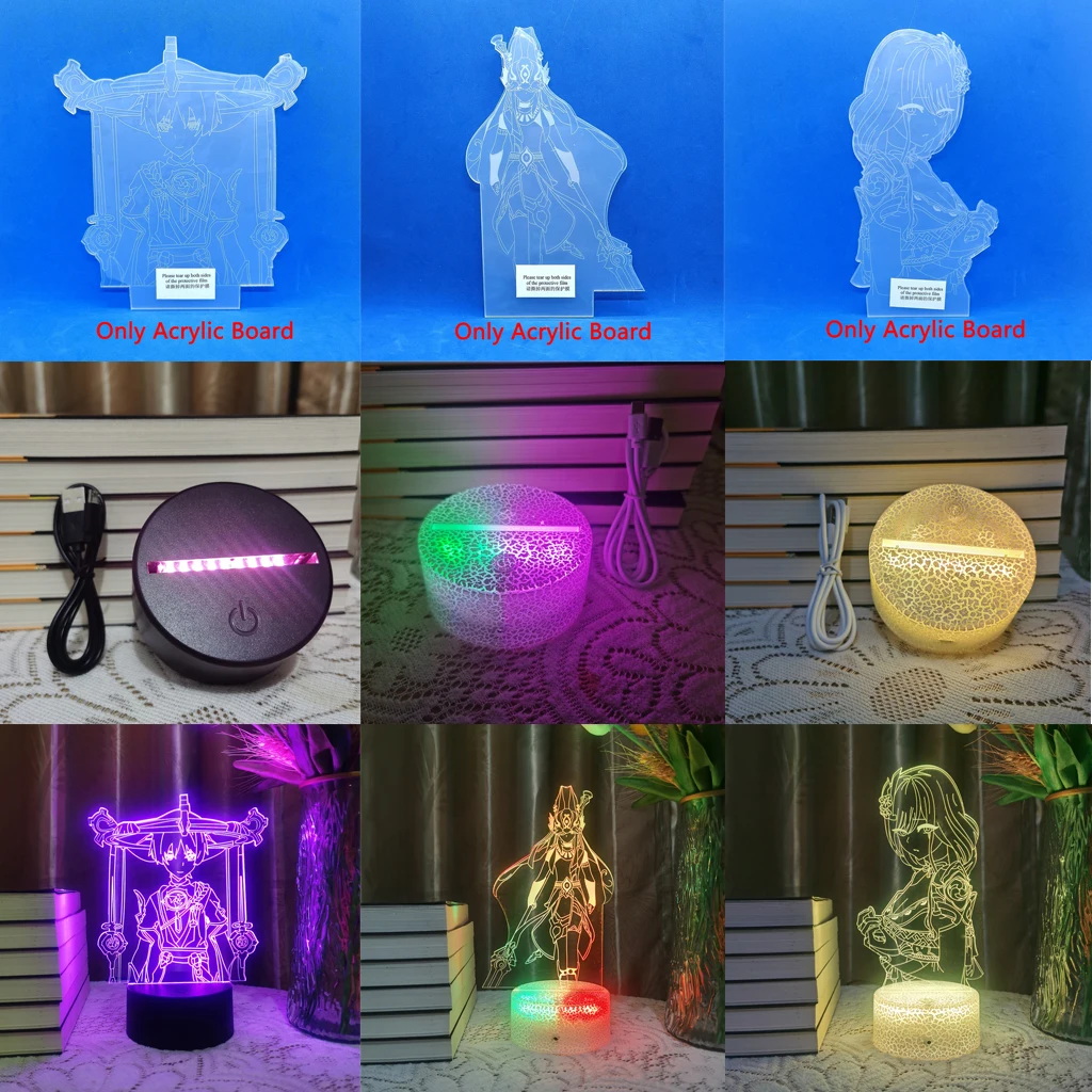 

Genshin Impact Anime Figure Acrylic Board Night Light Base Scaramouche 3D Led Lamp Demon Slayer For Kids Bedroom Desk Decor Gift