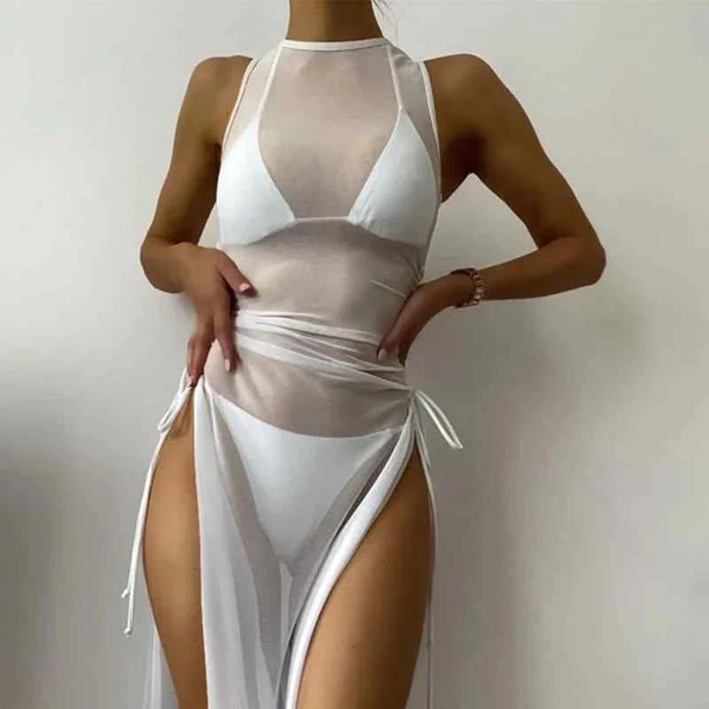 triangle bikini set Cutubly Bathing Suits 2022 Woman Swimwear Sexy Sheer Mesh Beach Dress 3 Piece Set Lace Up Split Sleeveless Cover Ups Swimsuits off the shoulder bikini