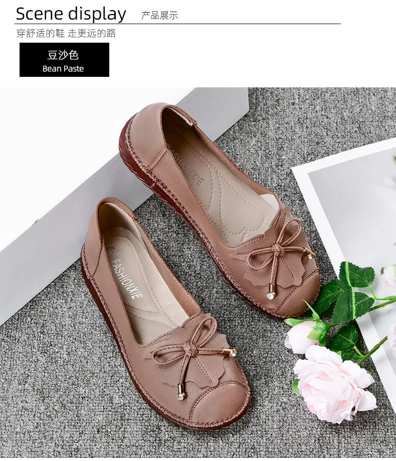 Autumn Leather Flats Shoes Women's Loafers Mom Slip On Kitchen Work Shoes Big Size 42 Woman Bowknot Moccasins Summer Red Sandals