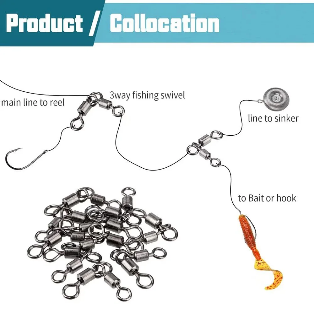 Fishing Connector 25Pcs 3 Way Swivels Soft Bait 360&deg; Fast T Turn Swivel Connecting Ring Tool Tackle Accessories